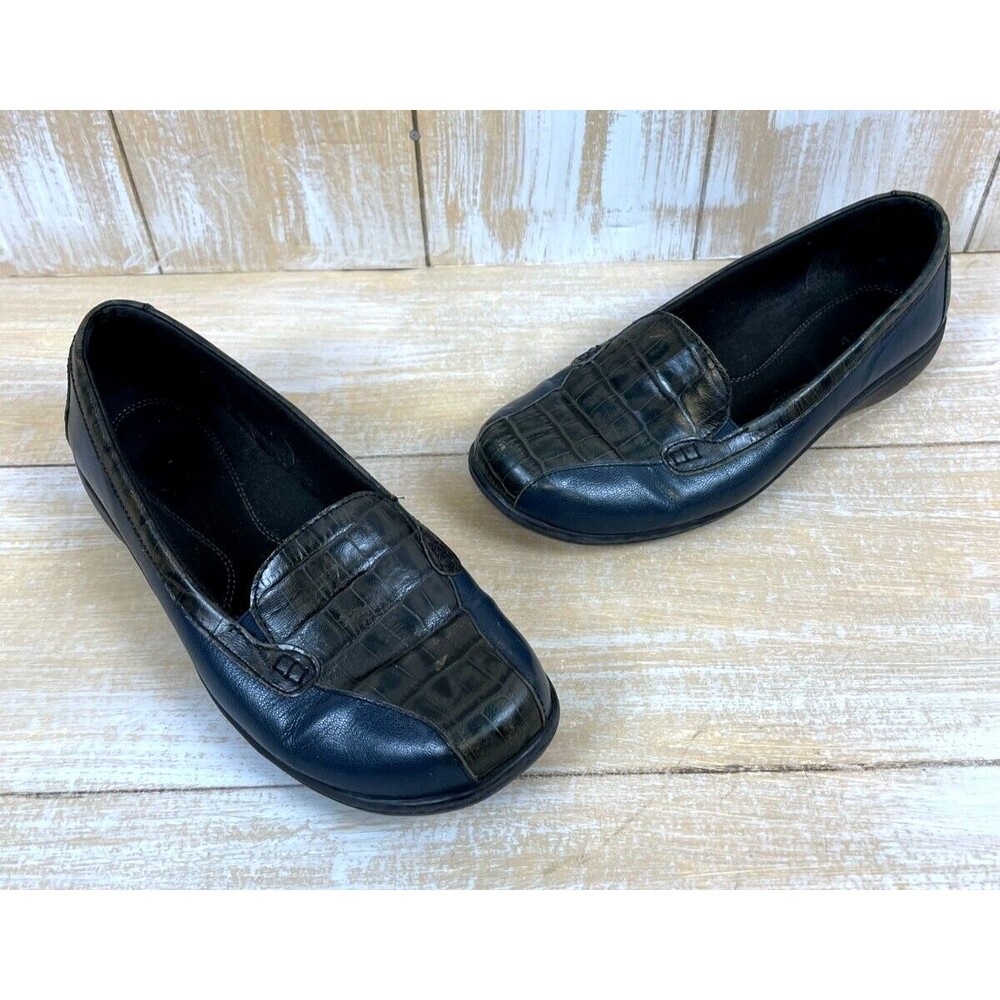 Clarks Bendables Bayou Loafers Blue Leather Croc Slip-On Flats Comfort Shoe 7W